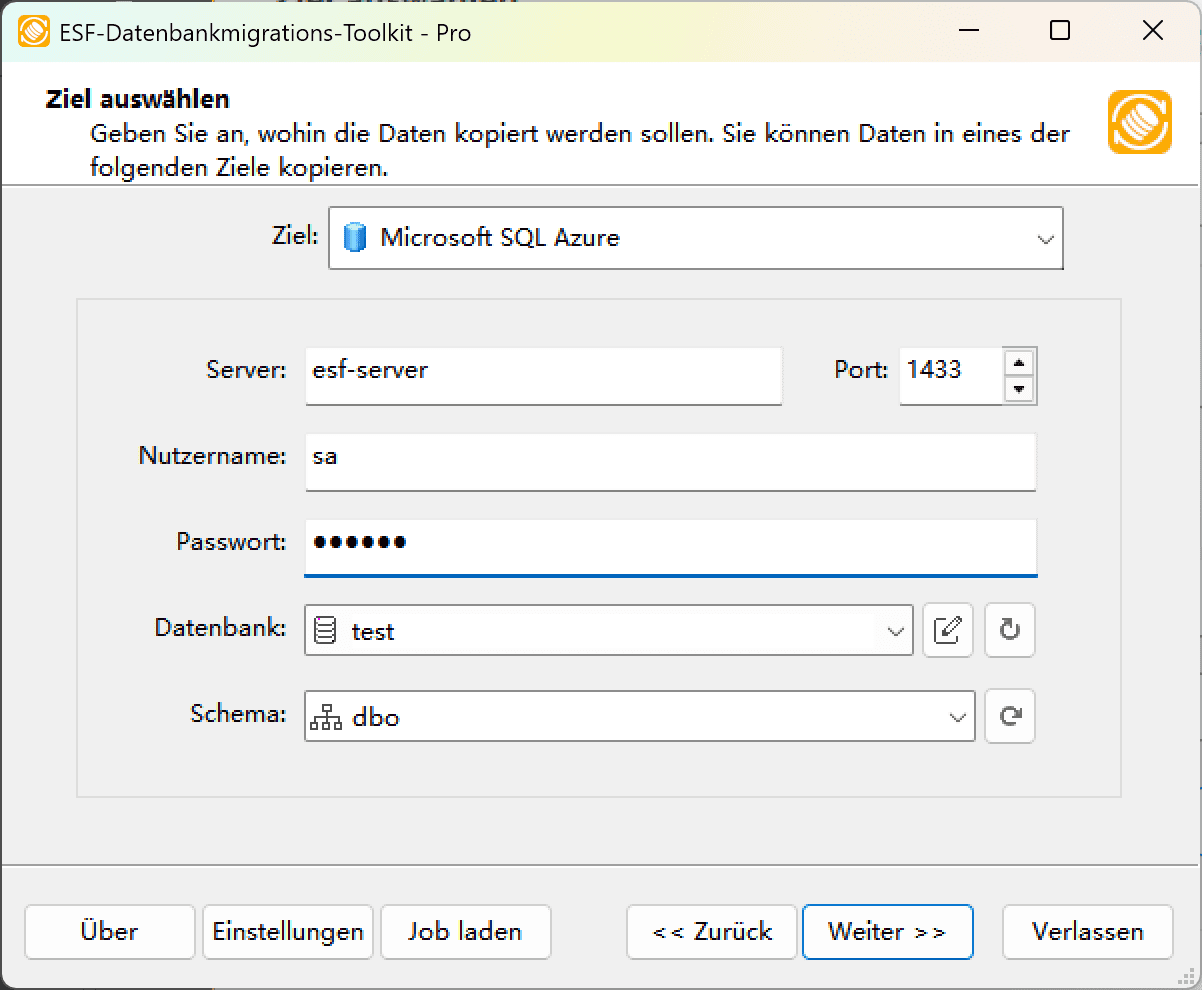 Dialogfeld "Datenziel auswählen" mit SQL Azure-Konfigurationsoptionen