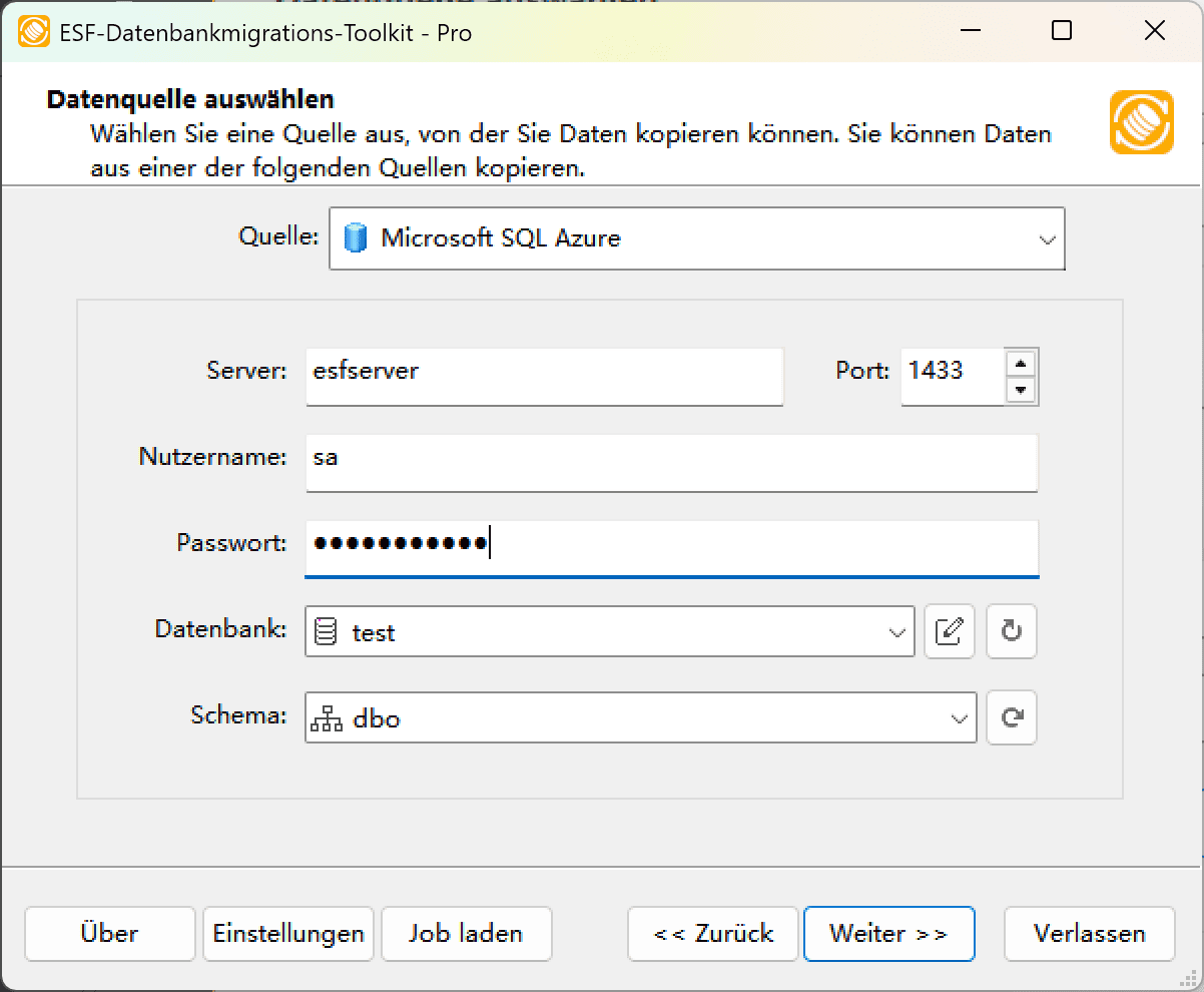 SQL Azure-Verbindungsdialog mit Serverkonfiguration und Aktualisierungssteuerelementen