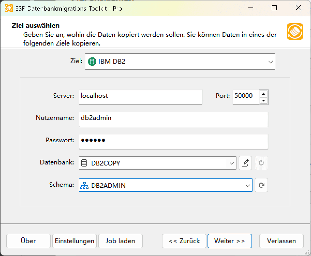 IBM DB2-Verbindungsdialog mit Serverkonfiguration, Datenbankfeld und Schema-Aktualisierungssteuerungen