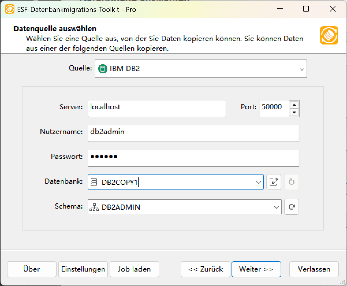 IBM DB2-Verbindungsdialog mit Serverkonfiguration, Datenbank-Kombinationsfeld und Schema-Steuerelementen