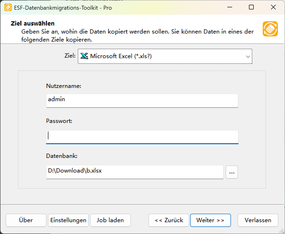 Dialogfeld "Ziel auswählen" mit Microsoft Excel-Option und Dateibrowser