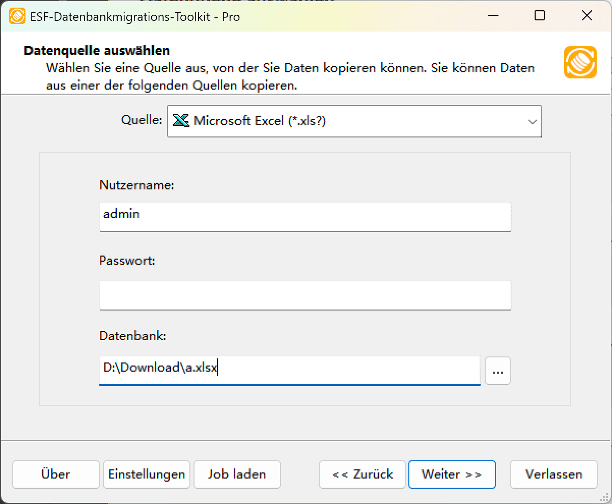 Dialogfeld &quot;Datenquelle auswählen&quot; mit Microsoft Excel-Option und Dateibrowser-Oberfläche
