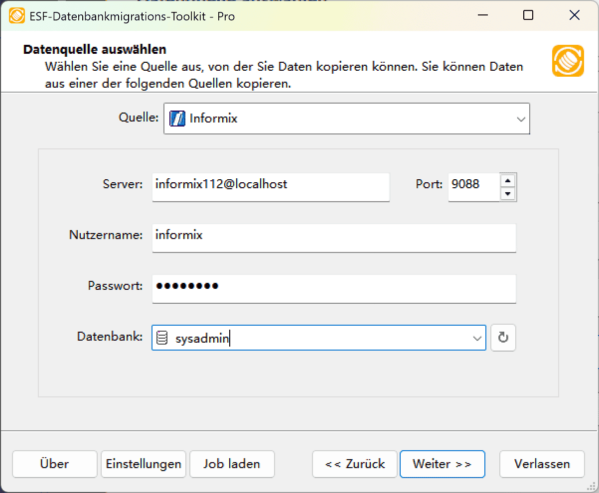 Informix-Verbindungsdialog mit Serverkonfiguration, Authentifizierungsfeldern und Aktualisierungsschaltfläche