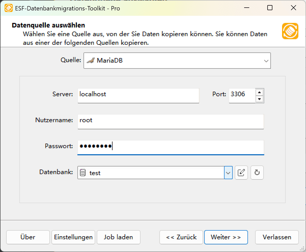 MariaDB-Verbindungsdialog mit Serverkonfiguration, Authentifizierungsfeldern und Aktualisierungsschaltfläche