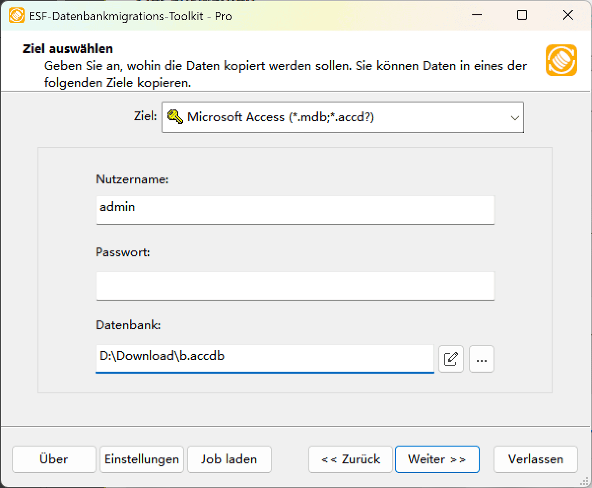 Dialogfeld "Ziel auswählen" mit Microsoft Access-Option, Dateibrowser und Sperrschaltfläche