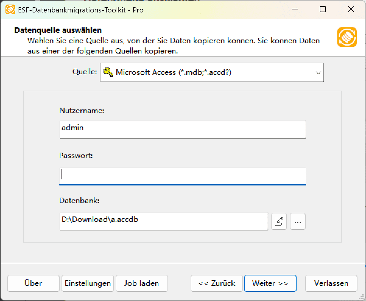 Dialogfeld &quot;Datenquelle auswählen&quot; mit Microsoft Access-Optionen und Sicherheitskonfiguration