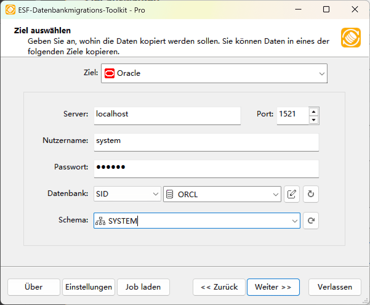 Dialogfeld "Ziel auswählen" mit Oracle-Konfiguration: Serverdetails, Anmeldemethoden und Schema-Optionen