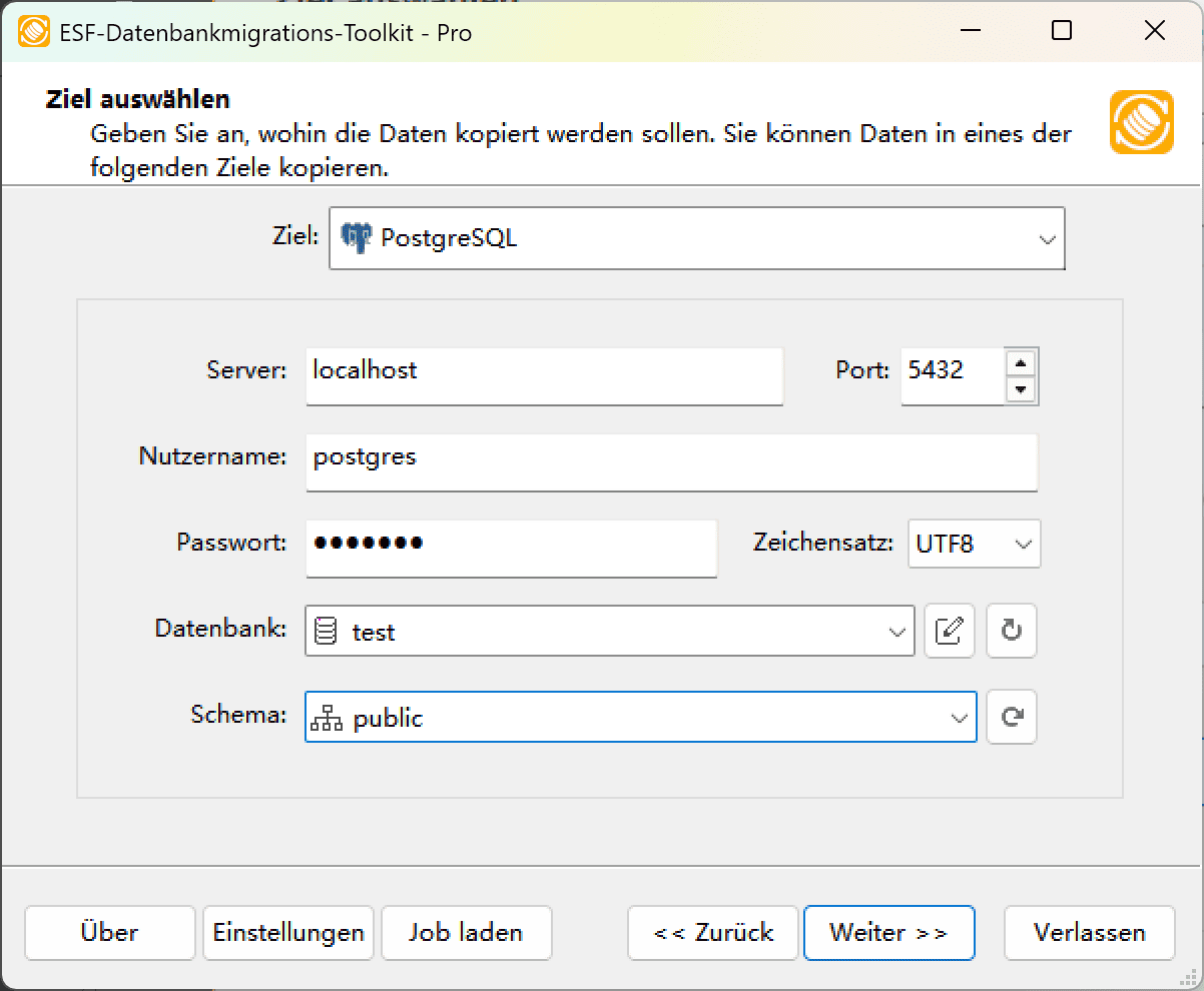 Dialogfeld "Ziel auswählen" mit PostgreSQL-Optionen: Servereinstellungen, Zeichensatzauswahl und Schema-Steuerelemente