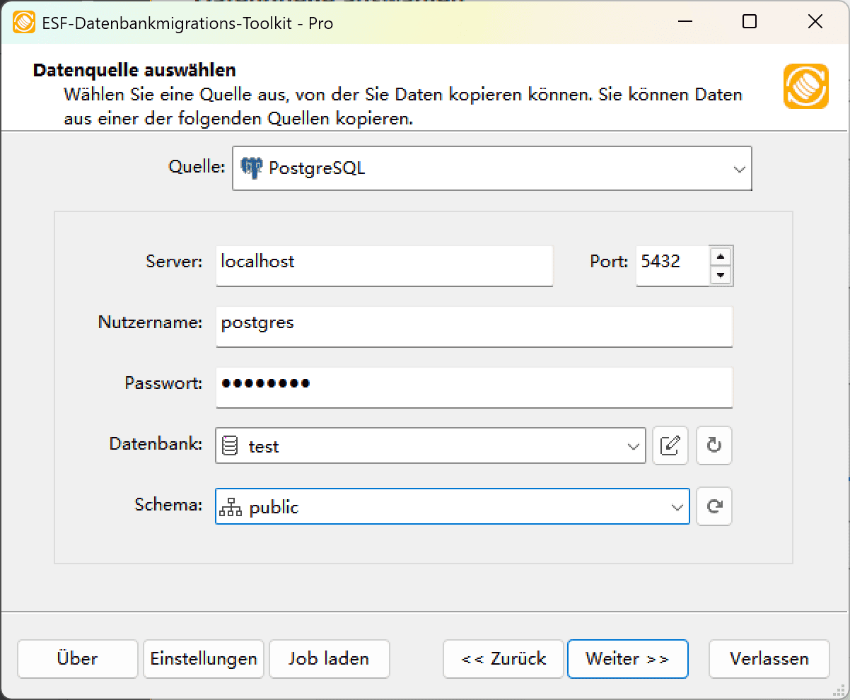 PostgreSQL-Verbindungsdialog mit Serverkonfiguration, Authentifizierungsfeldern und Aktualisierungssteuerelementen