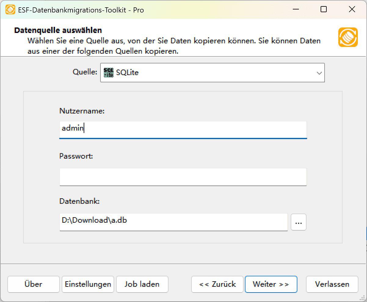 Dialogfeld &quot;Datenquelle auswählen&quot; mit SQLite-Option und Dateibrowser-Oberfläche
