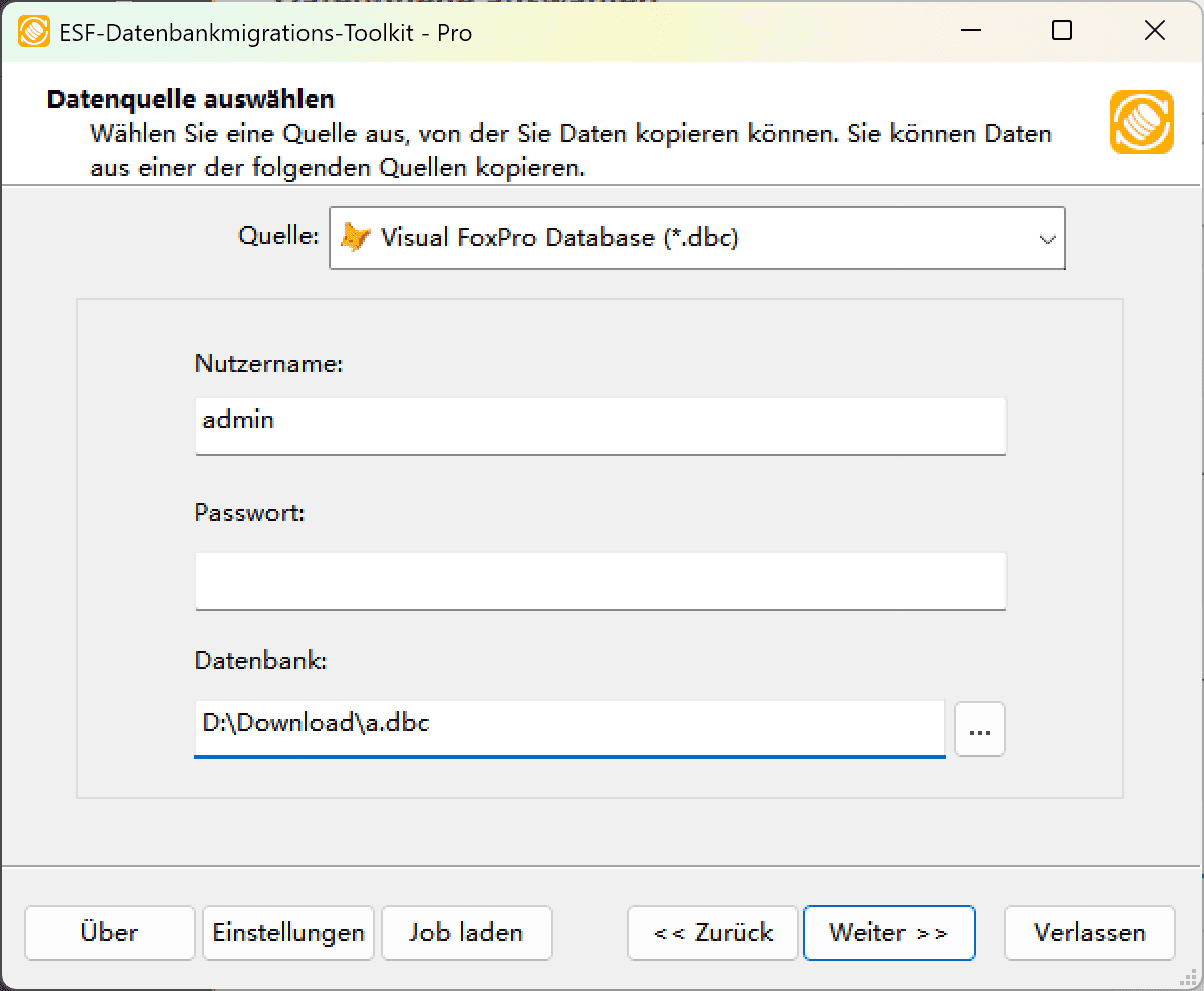 Dialogfeld &quot;Datenquelle auswählen&quot; mit der Option Visual FoxPro Database (*.dbc)