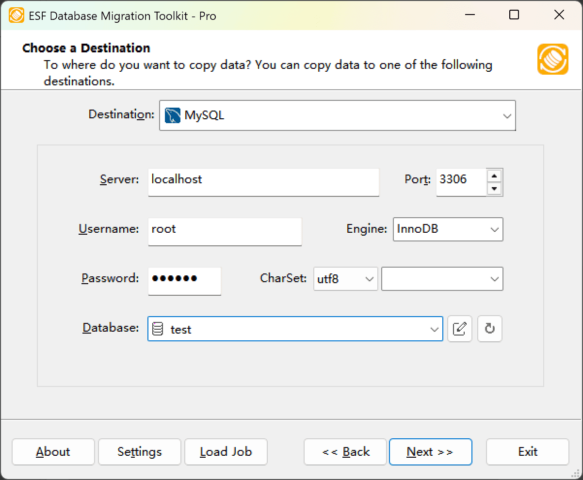 &quot;Choose a Destination&quot; dialog showing MySQL configuration options including server settings, storage engine selection, and database refresh button