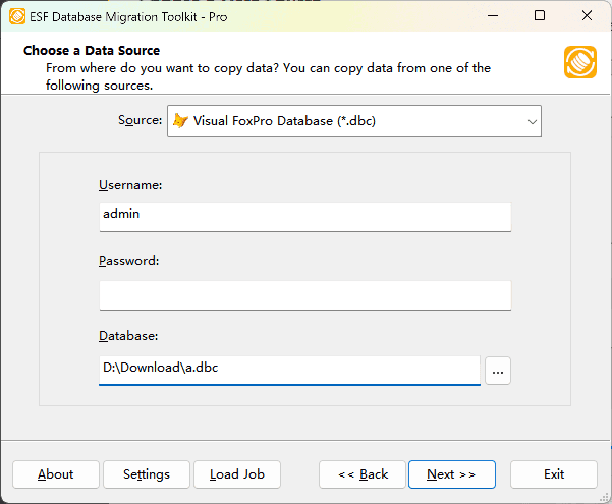 &quot;Choose a Data Source&quot; dialog showing Visual FoxPro Database (*.dbc) option
