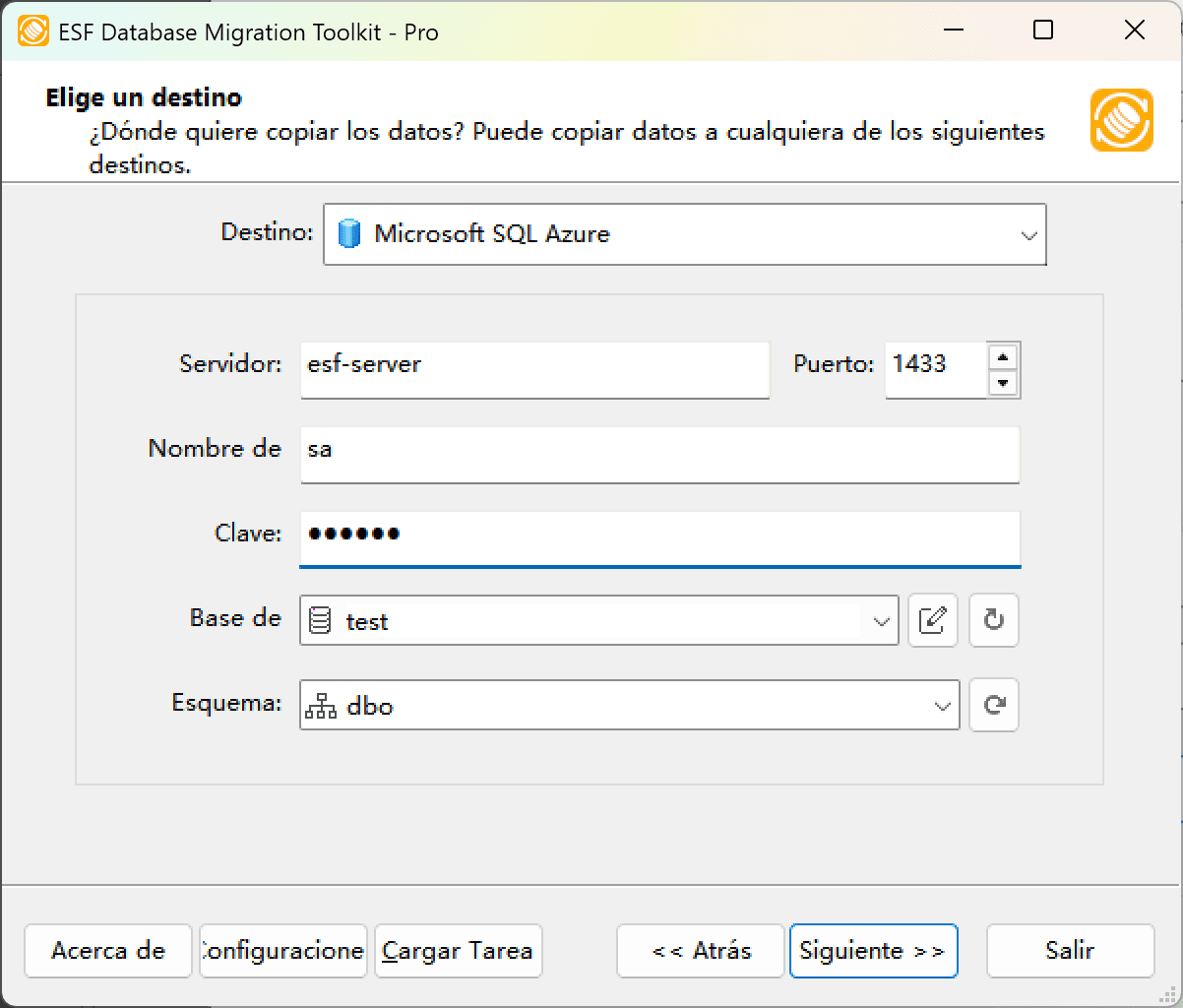 Cuadro de diálogo &quot;Elegir un Destino de Datos&quot; mostrando opciones de configuración de SQL Azure
