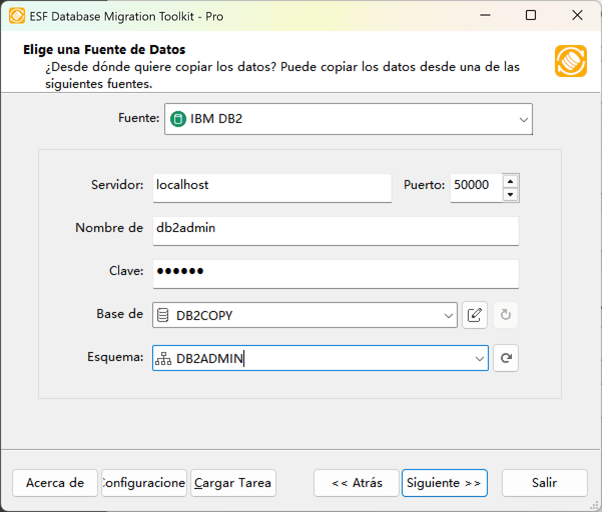 Diálogo de conexión a IBM DB2 mostrando configuración del servidor, cuadro combinado de base de datos y controles de esquema