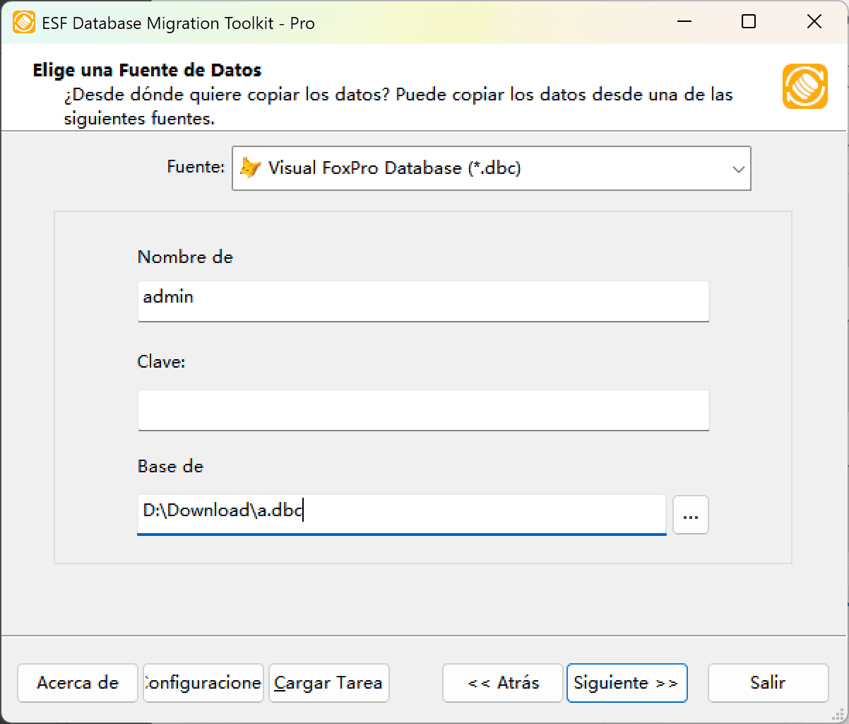 Cuadro de diálogo &quot;Elegir una fuente de datos&quot; mostrando la opción Tabla libre FoxPro/dBase (*.dbf)