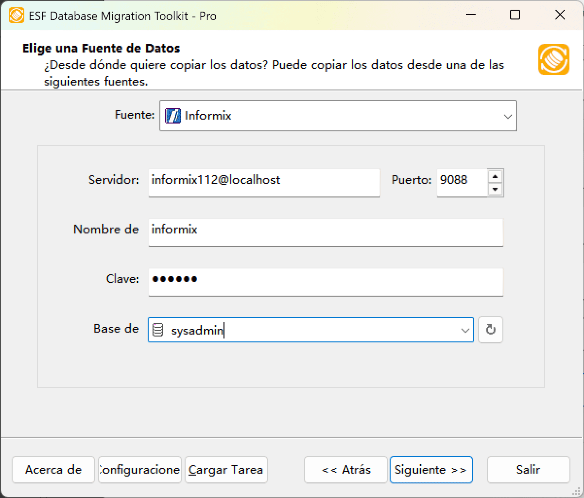 Diálogo de conexión a Informix mostrando configuración del servidor, campos de autenticación y botón Actualizar