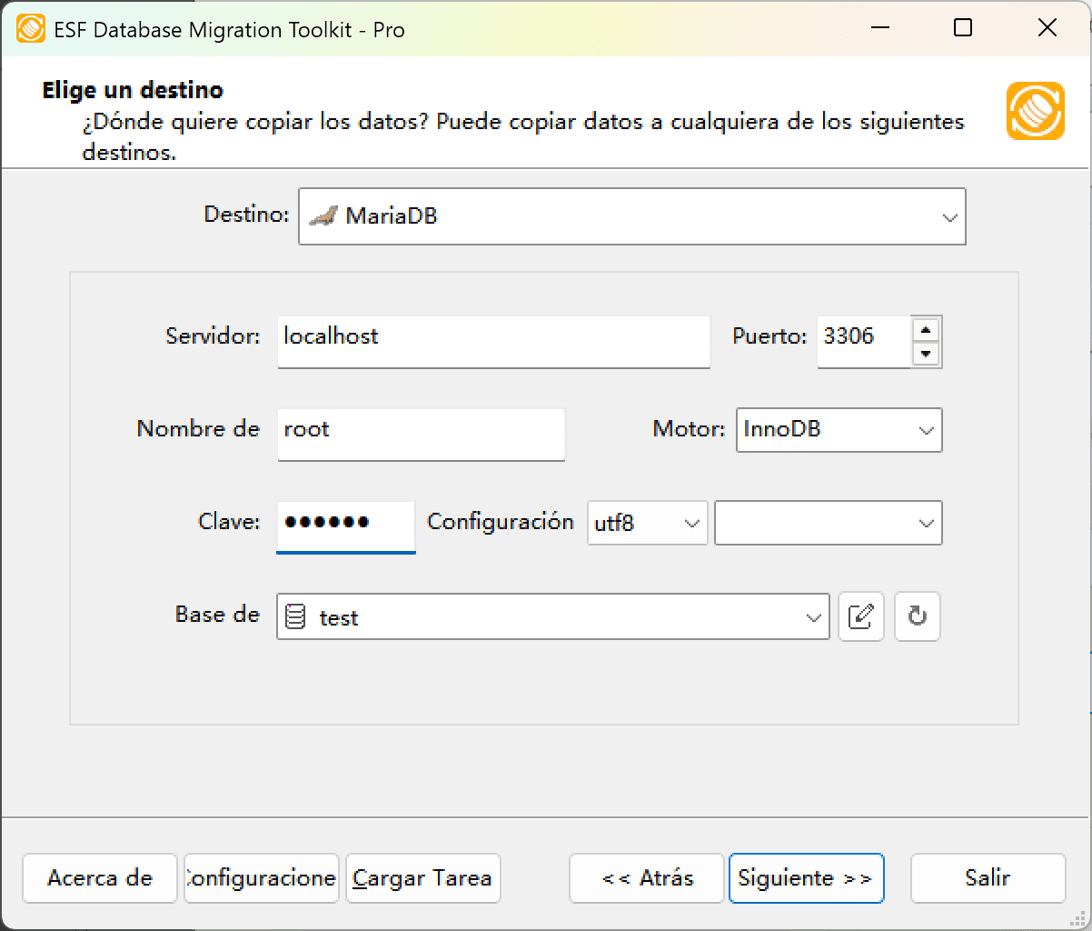Cuadro de diálogo &quot;Elegir un Destino&quot; mostrando configuración MariaDB con ajustes de servidor, motor de almacenamiento y opciones de base de datos