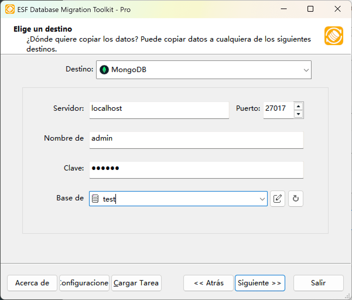 Cuadro de diálogo de conexión MongoDB que muestra la configuración del servidor y el campo de la base de datos