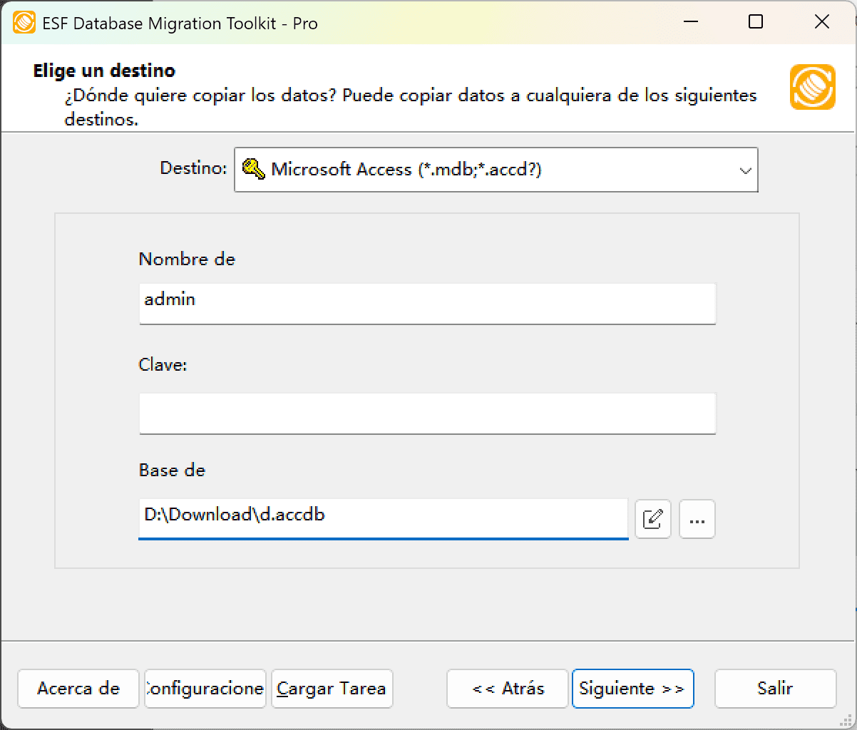 Cuadro de diálogo &quot;Elegir un Destino&quot; mostrando opción Microsoft Access, explorador de archivos y botón de candado