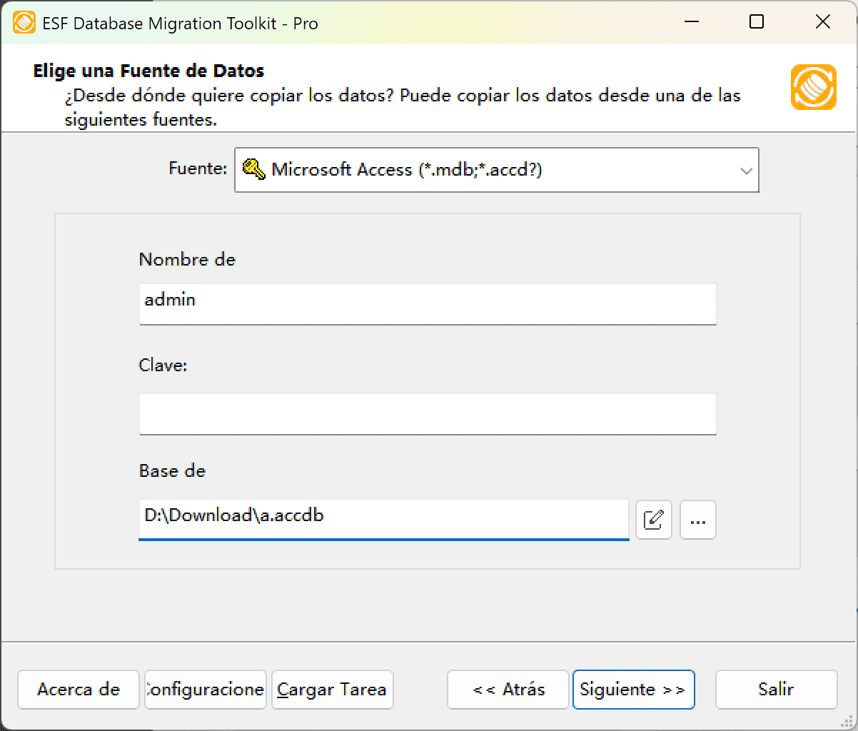 Cuadro de diálogo &quot;Elegir una fuente de datos&quot; mostrando opciones de Microsoft Access y configuración de seguridad