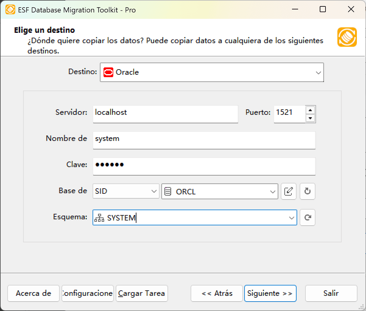 Cuadro de diálogo &quot;Elegir un Destino&quot; mostrando configuración Oracle con detalles de servidor, métodos de inicio de sesión y opciones de esquema