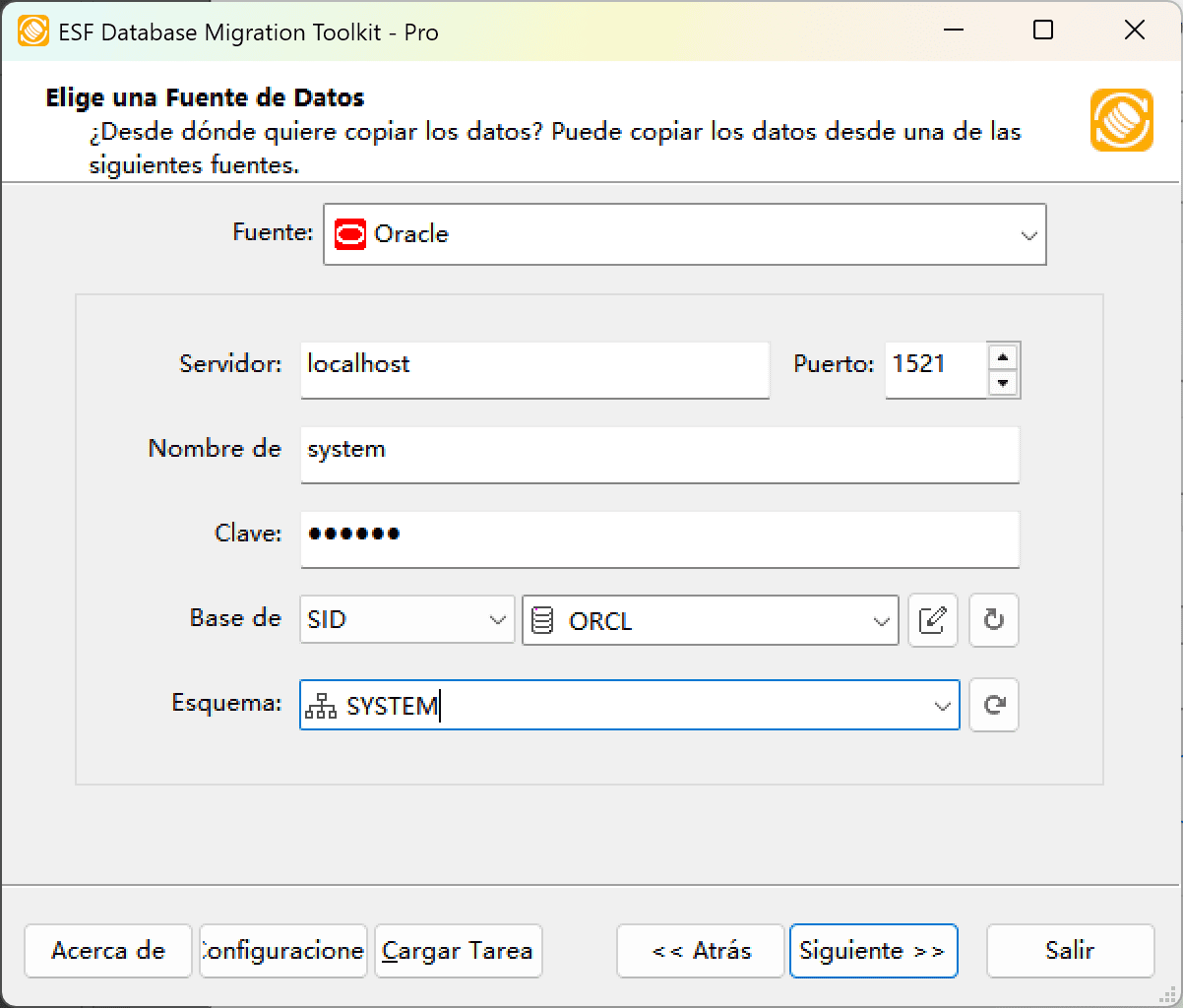 Diálogo de conexión a Oracle mostrando configuración del servidor, campos de autenticación y opciones de método de inicio de sesión
