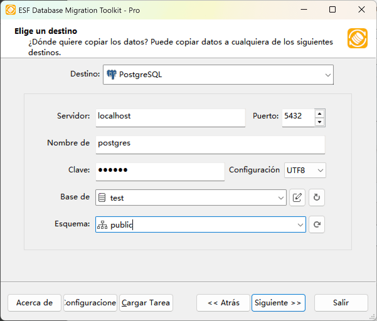Cuadro de diálogo &quot;Elegir un Destino&quot; mostrando opciones de configuración PostgreSQL incluyendo ajustes de servidor, selección de juego de caracteres y controles de esquema