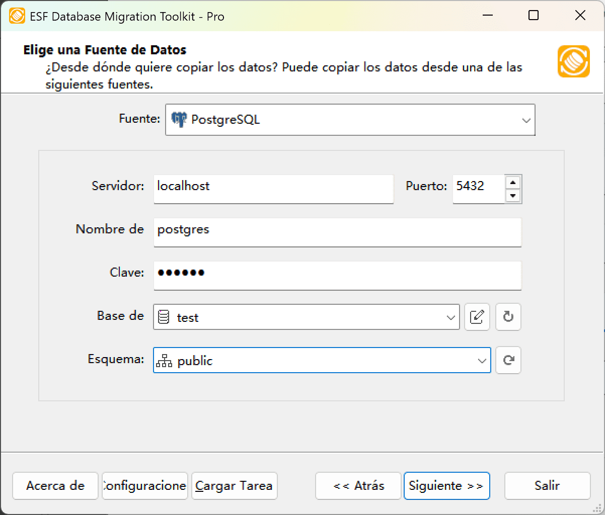 Diálogo de conexión a PostgreSQL mostrando configuración del servidor, campos de autenticación y controles de actualización