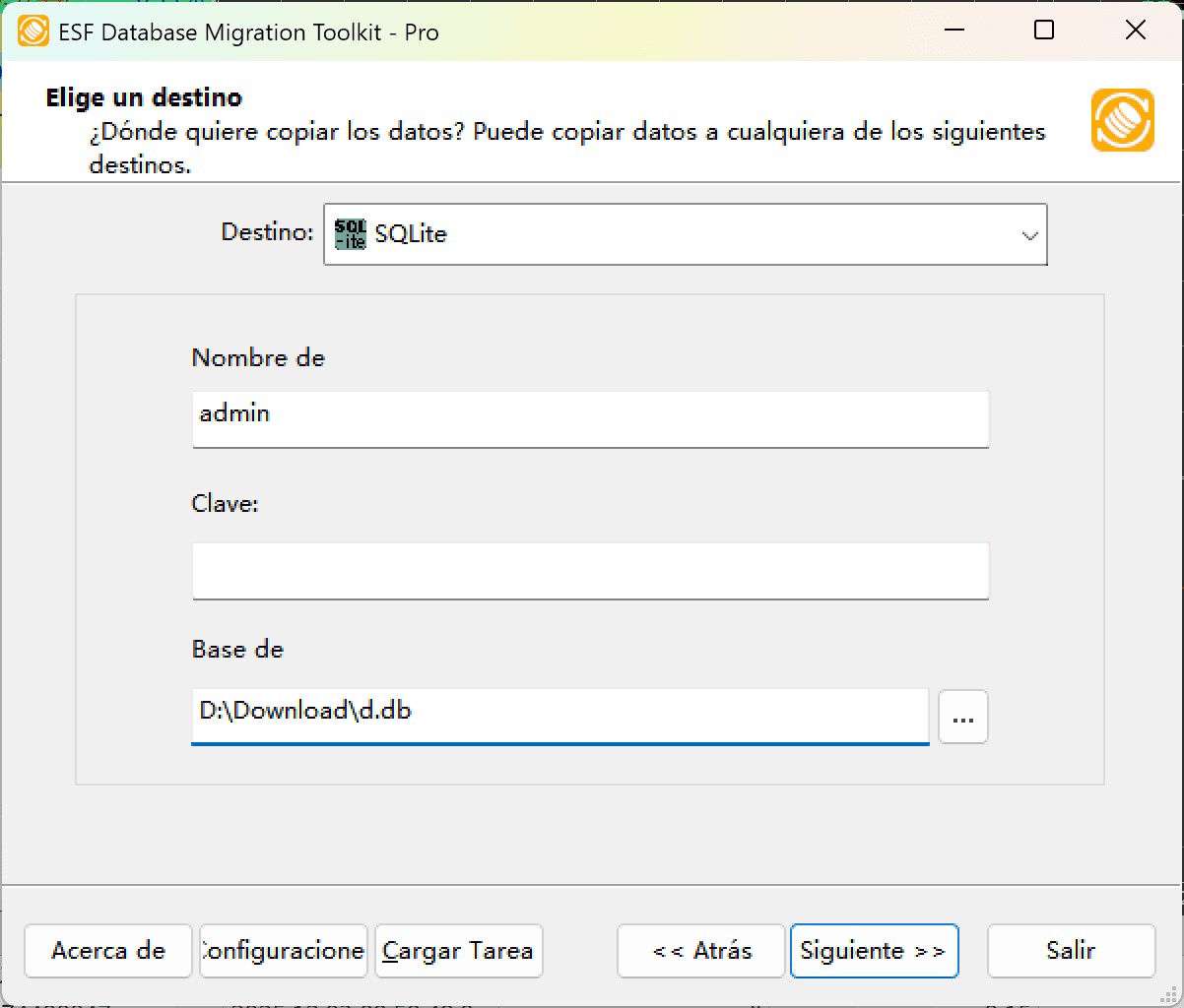 Cuadro de diálogo &quot;Elegir un Destino&quot; mostrando opción SQLite e interfaz de explorador de archivos