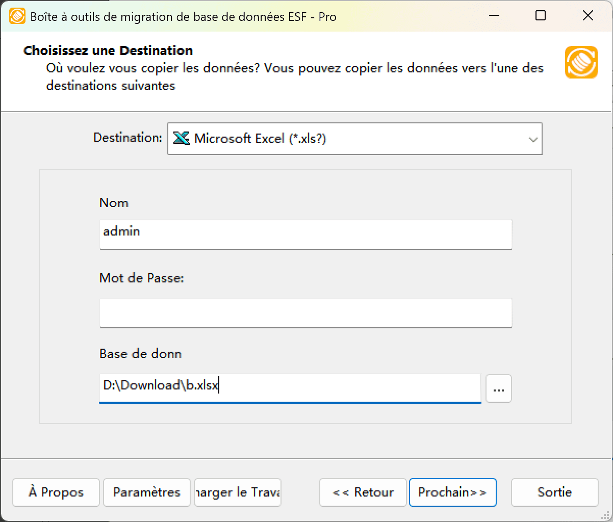 Boîte de dialogue "Choisir une destination" montrant l'option Microsoft Excel et l'interface du navigateur de fichiers
