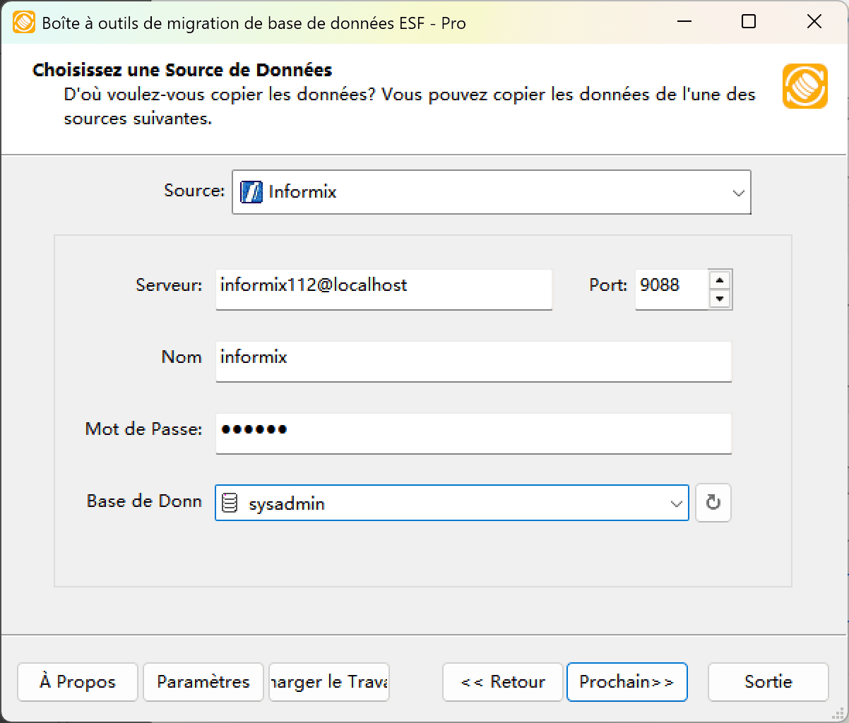 Boîte de dialogue de connexion Informix montrant la configuration du serveur, les champs d'authentification et le bouton d'actualisation
