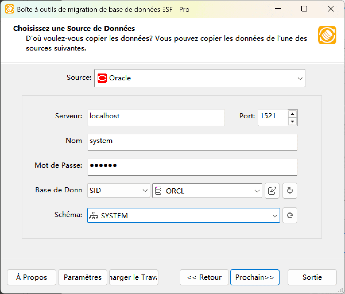 Boîte de dialogue de connexion Oracle montrant la configuration du serveur, les champs d'authentification et les options de méthode de connexion