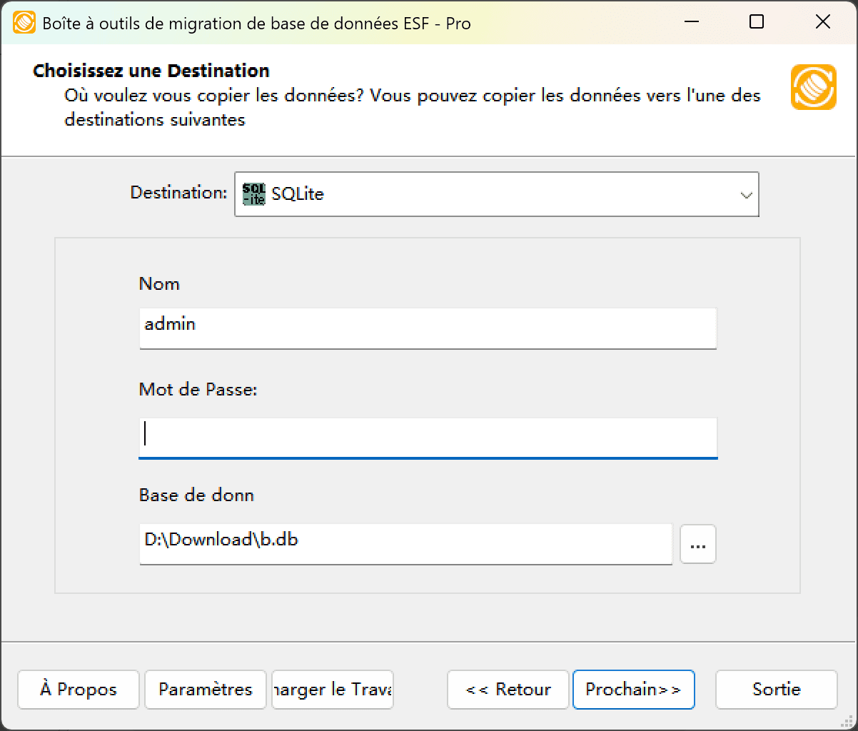 Boîte de dialogue "Choisir une destination" montrant l'option SQLite et l'interface du navigateur de fichiers